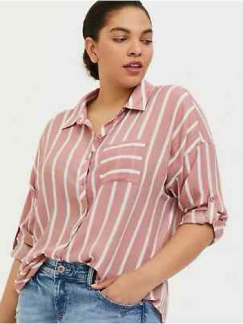 torrid Lindsey drop shoulder Pink and White Striped Button-Down Shirt